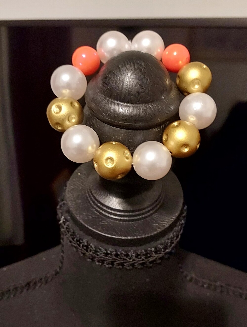 Pearl & Gold Bead Stretch Bracelet with Coral Accents